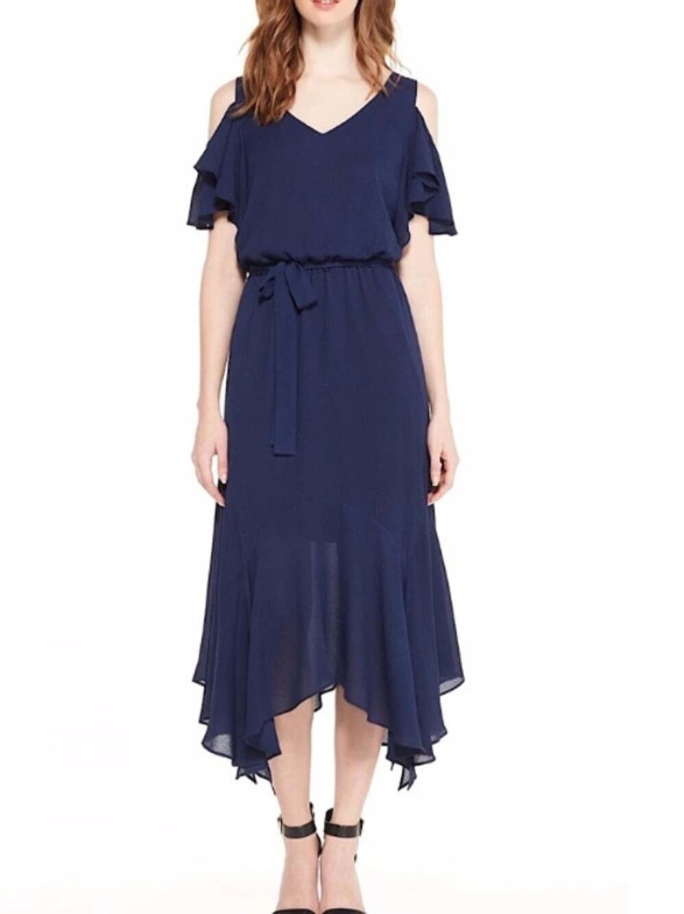 Maggy London Dress Size 6 Navy Blue Cold Shoulder Asymmetrical Ruffle Hem Belted